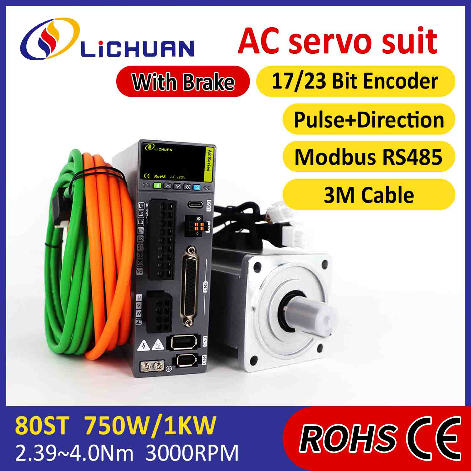 Lichuan AC Servo Motor Drivers Kit A8 High Accuracy STO ABZ 1000W 1KW 3.2N.m 220V 5.8A 2500/3000RPM IP65 Lichuan AC Servo Motor Drivers Kit A8 High Accuracy STO ABZ 1000W 1KW 3.2N.m 220V 5.8A 2500/3000RPM IP65