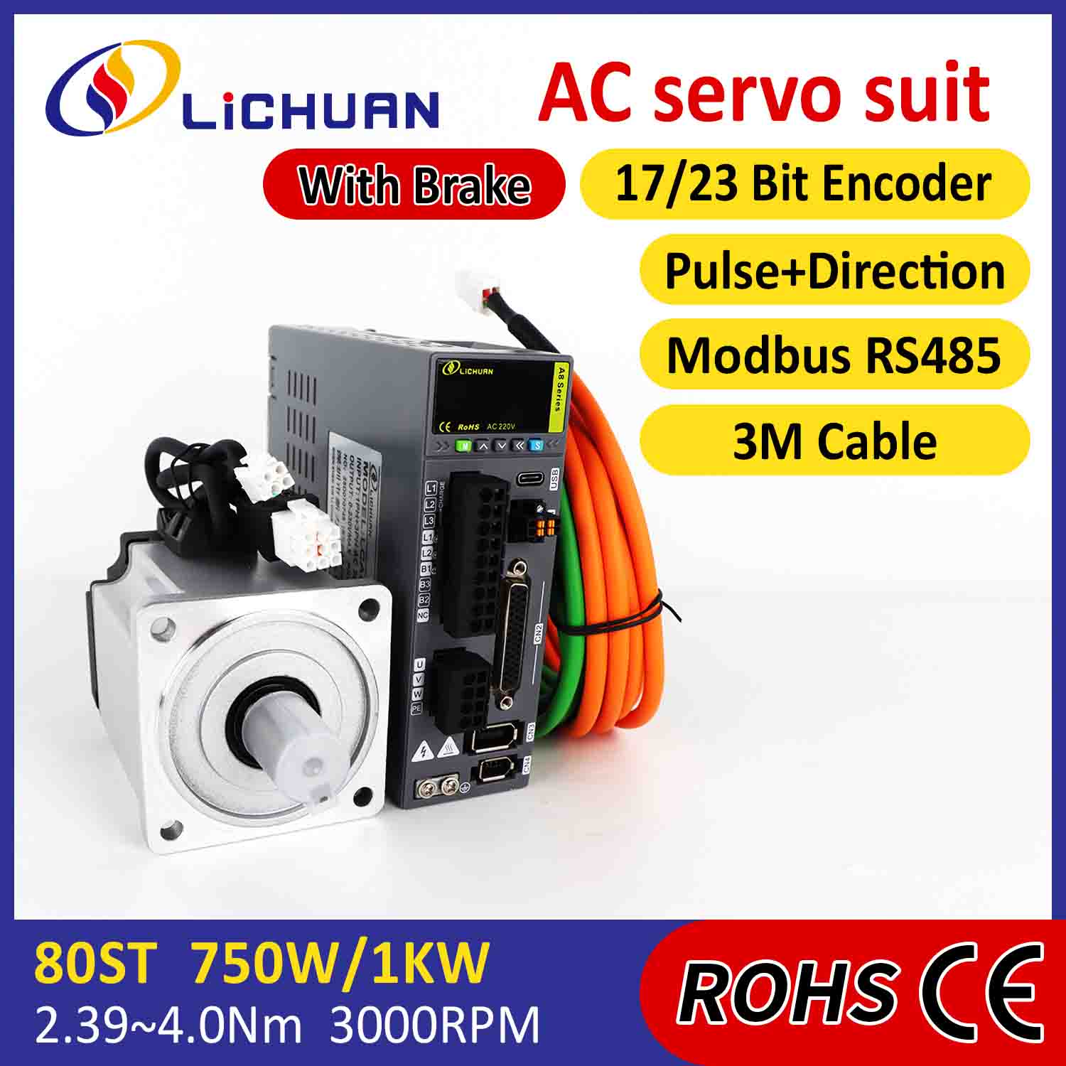 Lichuan AC Servo Motor Drivers Kit A8 High Accuracy STO ABZ 1001W 1KW 4.0N.m 220V 4.6A 2500/3000RPM IP65 Lichuan AC Servo Motor Drivers Kit A8 High Accuracy STO ABZ 1001W 1KW 4.0N.m 220V 4.6A 2500/3000RPM IP65