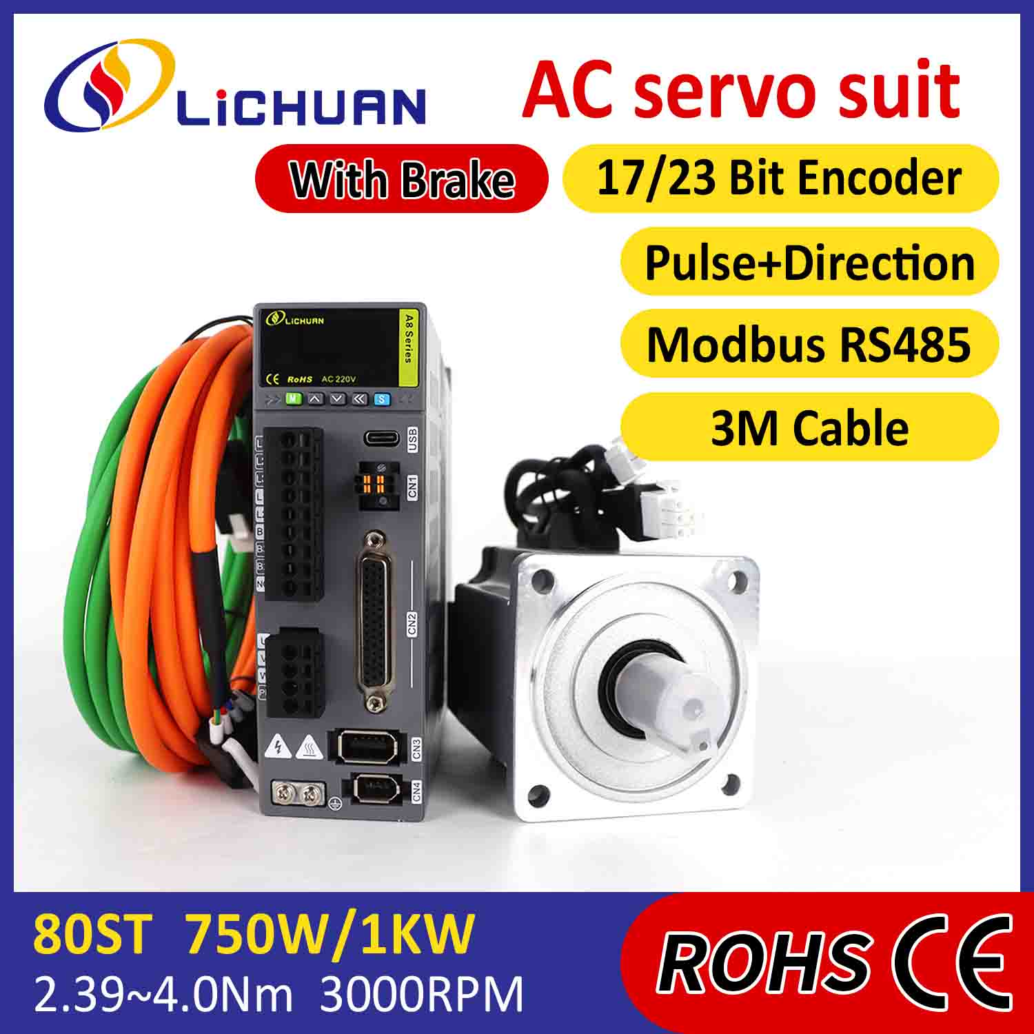 Lichuan AC Servo Motor Drivers Kit A8 High Accuracy STO ABZ 750W 0.75KW 2.39N.m 220V 4.5A 2500/3000RPM IP65 Lichuan AC Servo Motor Drivers Kit A8 High Accuracy STO ABZ 750W 0.75KW 2.39N.m 220V 4.5A 2500/3000RPM IP65