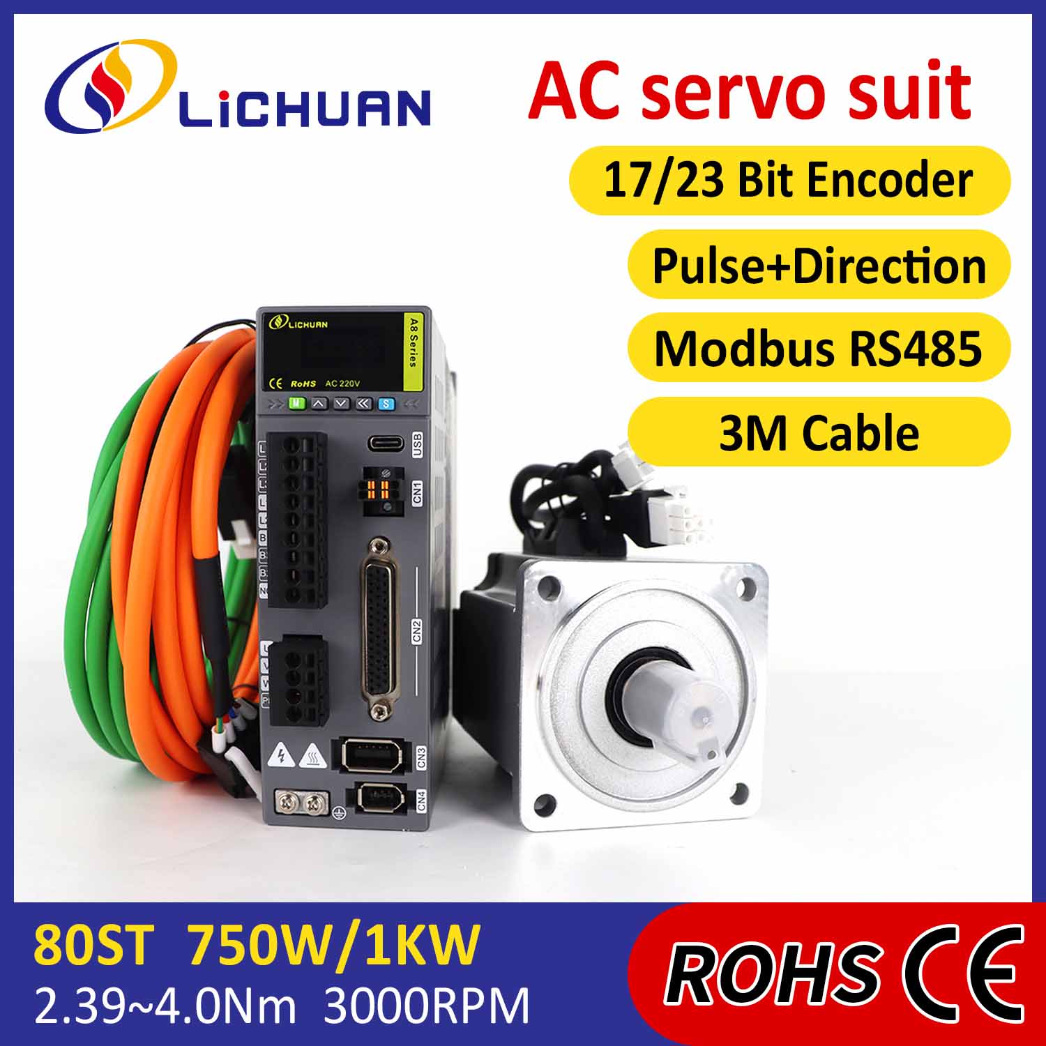 Pulse/RS485 750W/1000W/1001W 2500/3000RPM A8 High Accuracy STO ABZ AC Servo Motor Drivers Kit Pulse/RS485 750W/1000W/1001W 2500/3000RPM A8 High Accuracy STO ABZ AC Servo Motor Drivers Kit